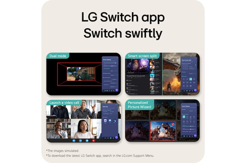 Feature overview image showing a gaming monitor interface with Dual Mode display adjustment, Smart Screen Split for multitasking layouts, one-click video call launch, and a Personalized Picture Wizard for customized screen settings.