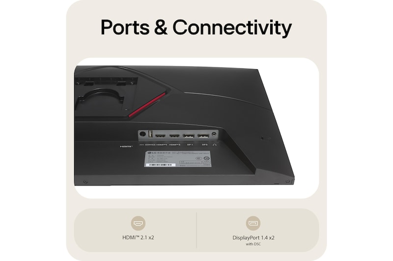 Rear view of a gaming monitor showing its connectivity ports, including two HDMI™ 2.0 inputs and two DisplayPort 1.4 ports with DSC support.