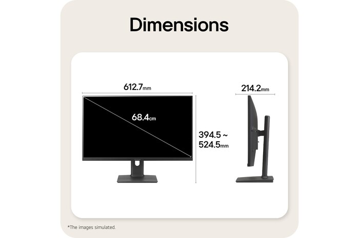 Front and side views of a gaming monitor illustrating its overall dimensions and profile design.
