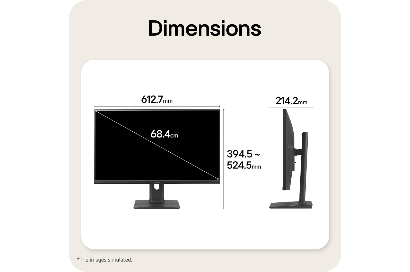 Front and side views of a gaming monitor illustrating its overall dimensions and profile design.