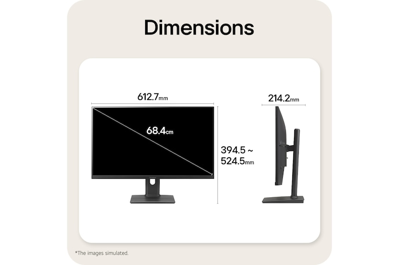 Front and side views of a gaming monitor illustrating its overall dimensions and profile design.