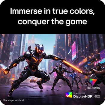 Futuristic battle scene displayed on a gaming monitor, showcasing vivid colors with 99% sRGB color gamut, IPS, and DisplayHDR certification.