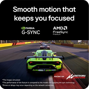 Racing scene from Assetto Corsa Competizione displayed on a gaming monitor, featuring Adaptive Sync support with NVIDIA G-SYNC and AMD FreeSync Premium for smooth, tear-free gameplay.