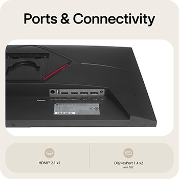 Rear view of a gaming monitor showing its connectivity ports, including two HDMI™ 2.0 inputs and two DisplayPort 1.4 ports with DSC support.