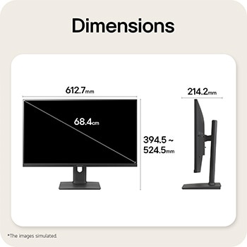 Front and side views of a gaming monitor illustrating its overall dimensions and profile design.
