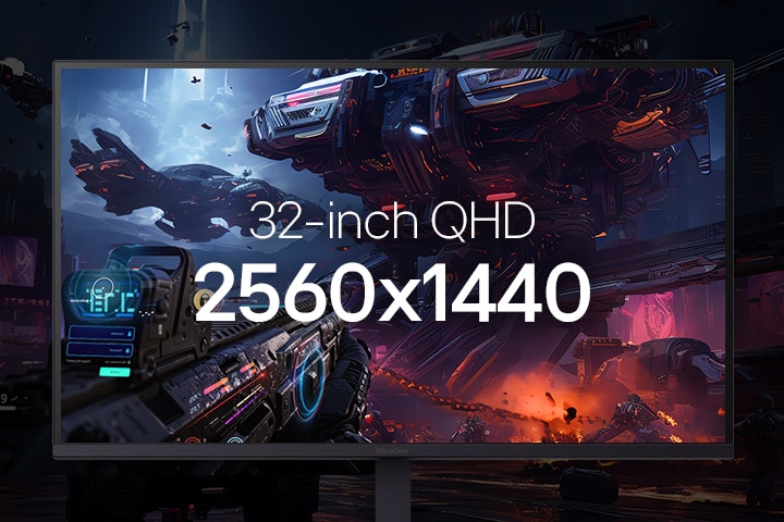 Close-up of the UltraGear™ 32G620B monitor displaying a sci-fi game scene, highlighting its 16:9 QHD resolution of 2560x1440.