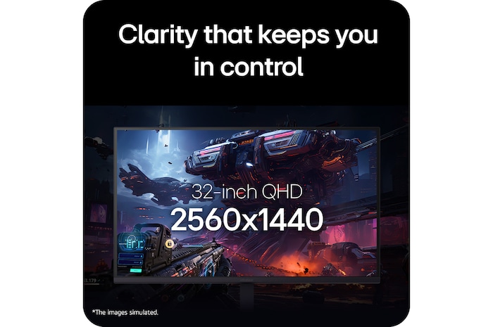 Close-up of the LG UltraGear 32-inch gaming monitor displaying a sci-fi game scene, highlighting its 16:9 QHD resolution of 2560×1440.