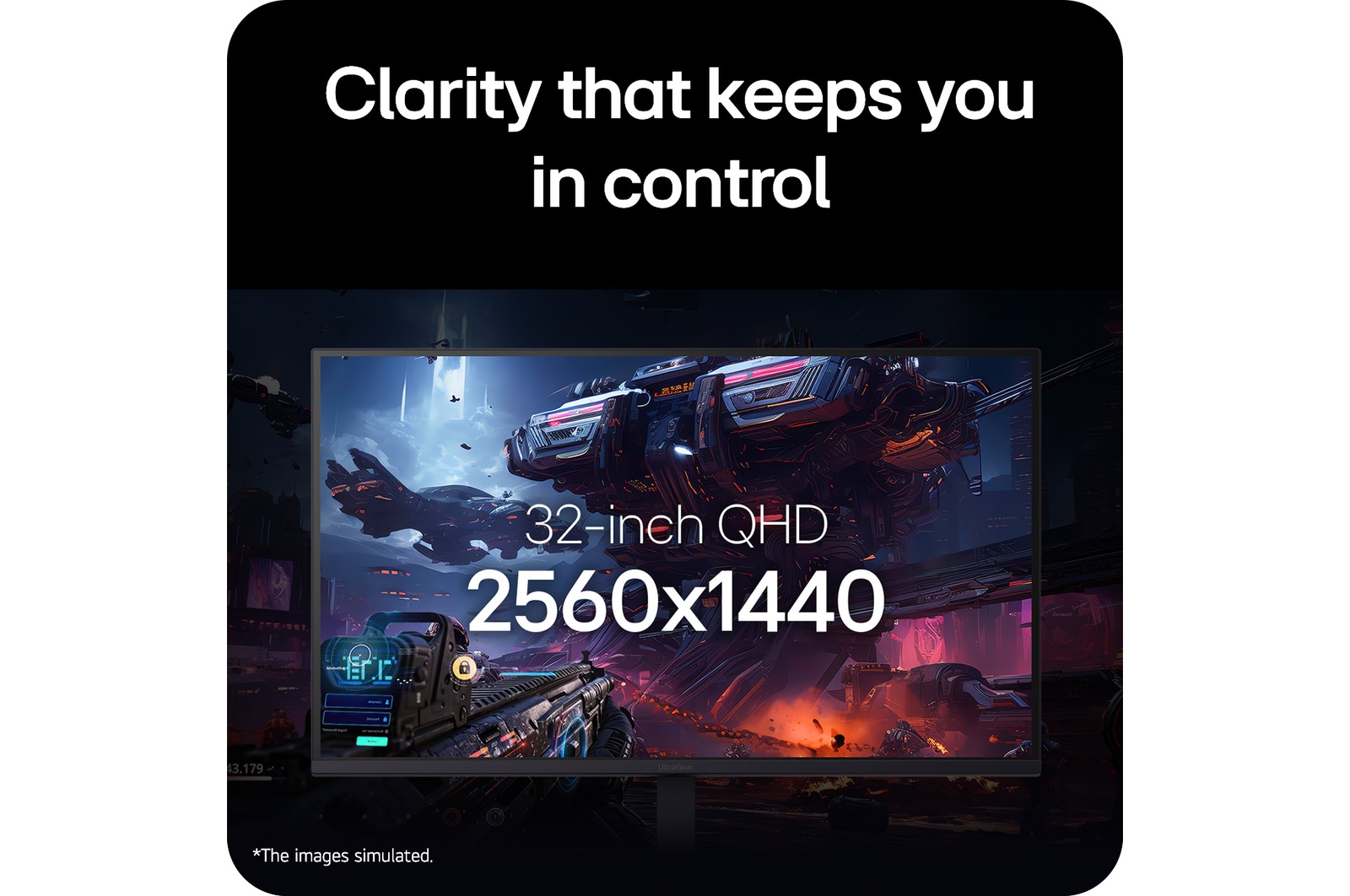 Close-up of the LG UltraGear 32-inch gaming monitor displaying a sci-fi game scene, highlighting its 16:9 QHD resolution of 2560×1440.