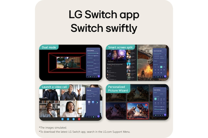 Feature overview image showing a gaming monitor interface with Dual Mode display adjustment, Smart Screen Split for multitasking layouts, one-click video call launch, and a Personalized Picture Wizard for customized screen settings.