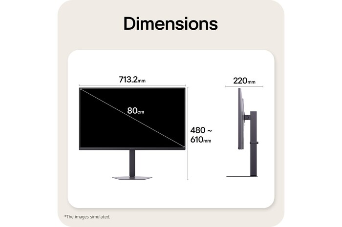 Front and side views of a gaming monitor illustrating its overall dimensions and profile design.