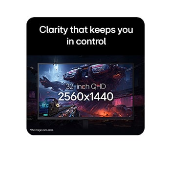Close-up of the LG UltraGear 32-inch gaming monitor displaying a sci-fi game scene, highlighting its 16:9 QHD resolution of 2560×1440.
