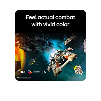 Futuristic battle scene displayed on a gaming monitor, showcasing vivid colors with 99% sRGB color gamut, IPS, and DisplayHDR certification.