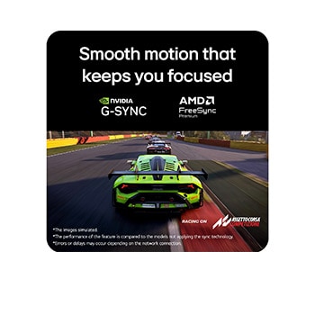 Racing scene from Assetto Corsa Competizione displayed on a gaming monitor, featuring Adaptive Sync support with NVIDIA G-SYNC and AMD FreeSync Premium for smooth, tear-free gameplay.