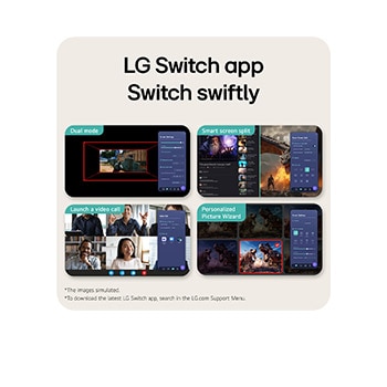 Feature overview image showing a gaming monitor interface with Dual Mode display adjustment, Smart Screen Split for multitasking layouts, one-click video call launch, and a Personalized Picture Wizard for customized screen settings.