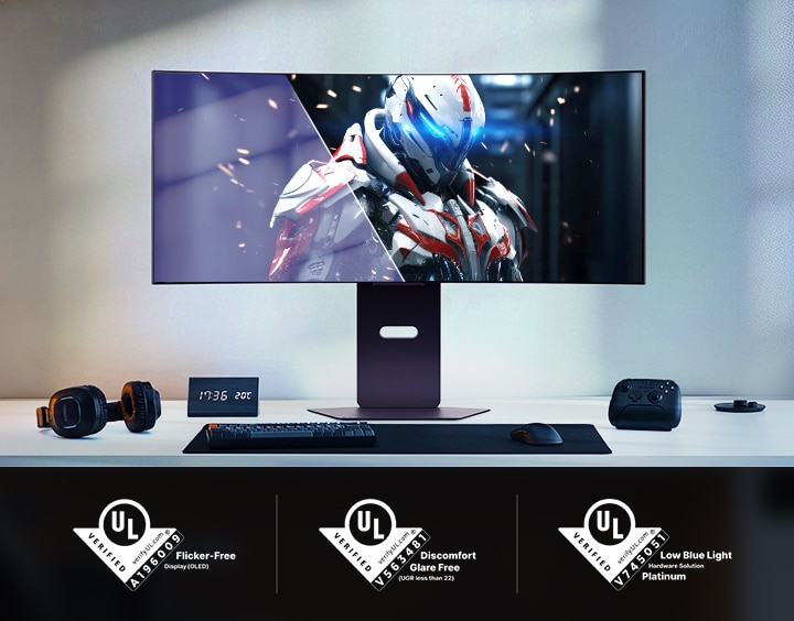Curved gaming monitor showing a robot character in a futuristic setting, with UL certifications below.