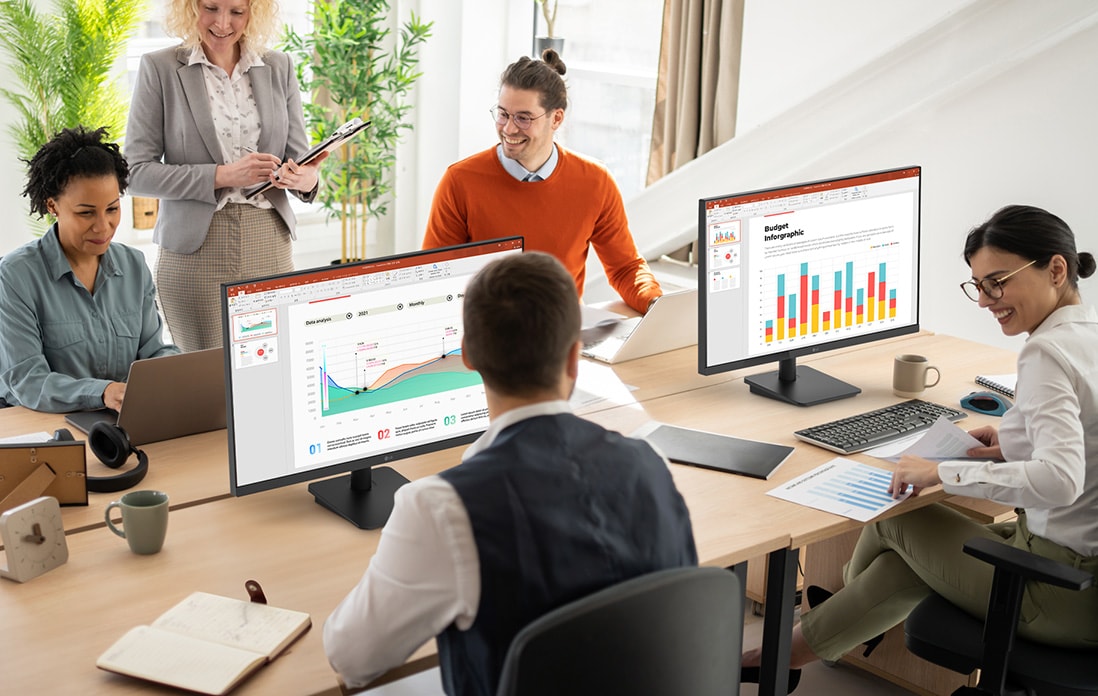 Scenes of LG full HD IPS monitor usage in the office.