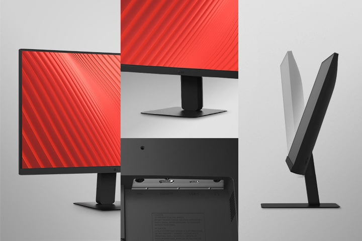 The image shows slim bezel on three sides, a sleek stand, various ports, and the tilt view of the monitors.	