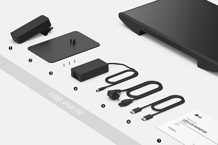 Stand body, Stand base, Screws, Power adapter, Power code, HDMI cable and Setup guide in the box.