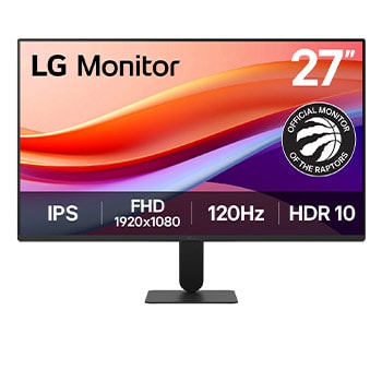 Front view of LG 27-inch IPS Full HD 120Hz monitor with virtually borderless design, sRGB 99% (Typ.), HDR 10, 1ms MBR 27U41YA-B
