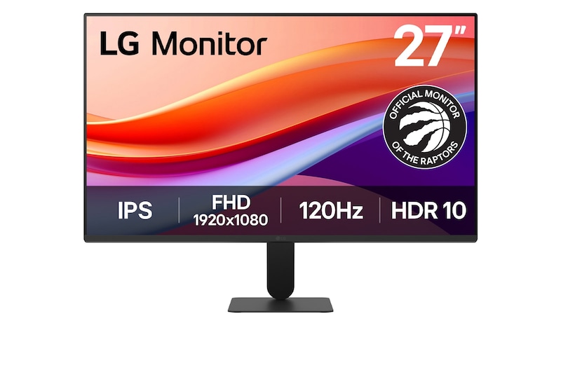 Front view of LG 27-inch IPS Full HD 120Hz monitor with virtually borderless design, sRGB 99% (Typ.), HDR 10, 1ms MBR 27U41YA-B