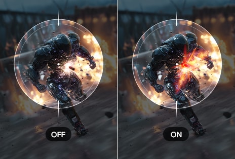 Side-by-side gaming scene comparing feature off and on, showing a blurred moving character on the left with ‘OFF,’ and a sharper, more stable image on the right with ‘ON.’ A circular zoom overlay highlights the visual difference