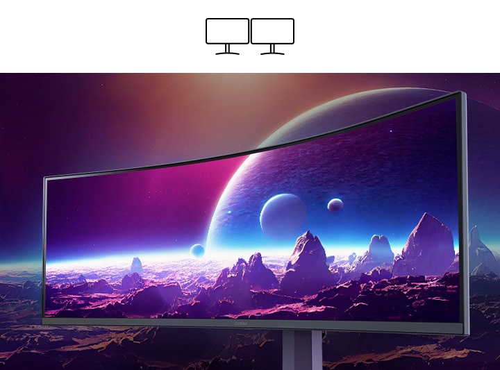 The video shows two monitor pictograms merged into one 32:9 wide monitor.