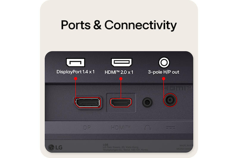Rear view of a gaming monitor showing its connectivity ports, including one HDMI™ 2.1 input, one DisplayPort 1.4 port, and 3-pole H/P out.