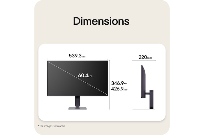 Front and side views of a gaming monitor illustrating its overall dimensions and profile design.