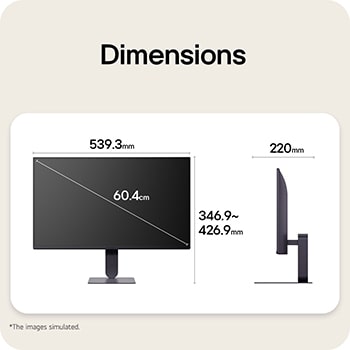 Front and side views of a gaming monitor illustrating its overall dimensions and profile design.