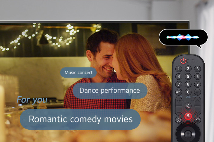 This is an image displaying movie images on the screen after searching for 'romantic comedy movie' using the magic remote control.