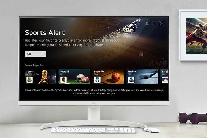 The smart monitor screen placed on the table displays the SPORTS APP screen.