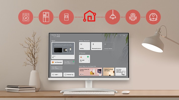 On the table's monitor screen, the Home dashboard is displayed, and at the top of the image, there are icons of household appliances such as washing machines, refrigerators, vacuum cleaners, etc., which can be controlled via the LG ThinQ app.