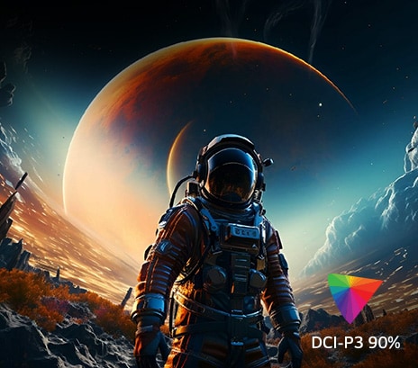 The screen contains various colours representing UHD 4K, and in the bottom right corner, there is a logo indicating DCI-P3 90%.	