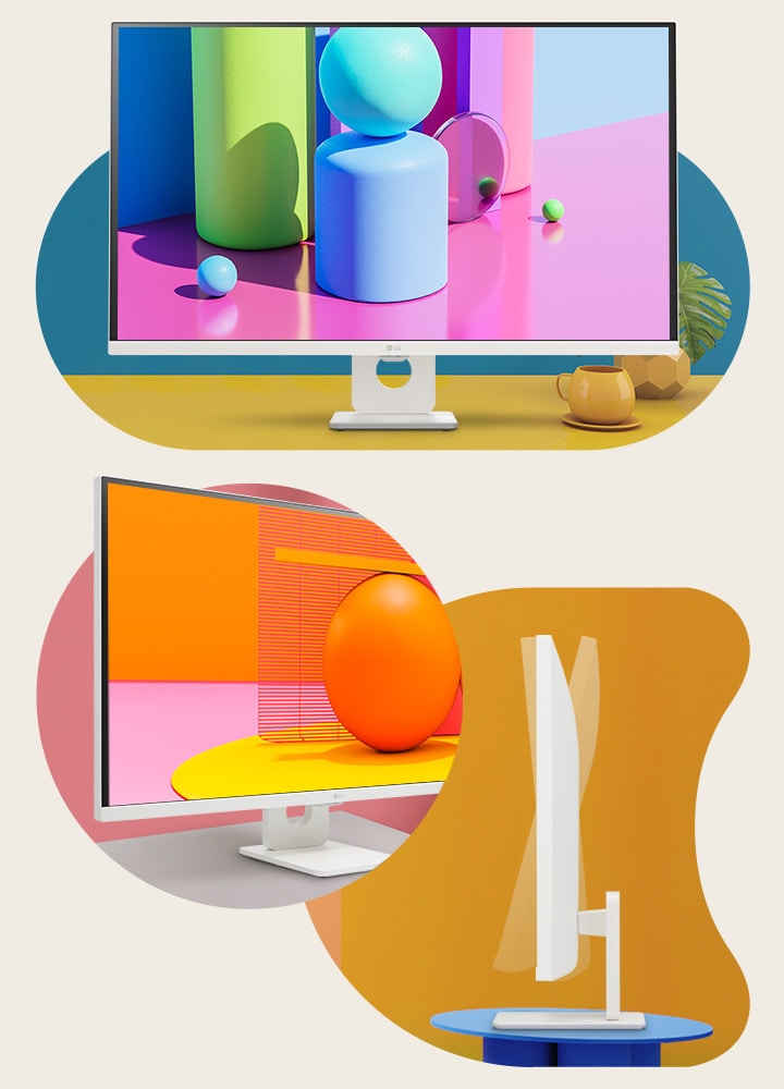 There is a monitor with a thin bezel, displaying the screen at a -15-degree angle, providing a side view showcasing the tilt, and exhibiting a stylish front view.