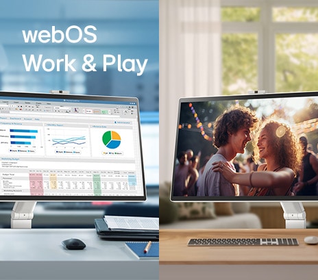 In the left image, a LG Smart Monitor Swing in an office displays various charts, while in the right image, a LG Smart Monitor Swing at home is playing a movie.
