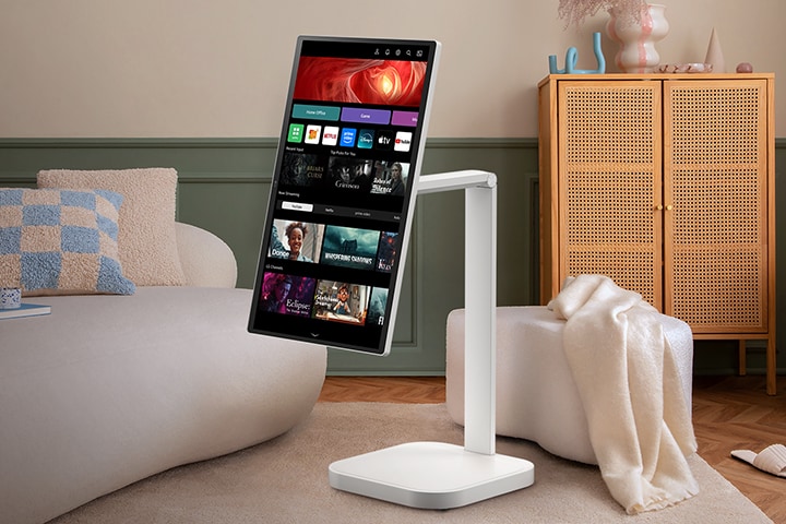 An image of a display combining a smart monitor and a stand.	