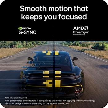 Racing scene from Assetto Corsa Competizione displayed on a gaming monitor, featuring Adaptive Sync support with NVIDIA G-SYNC and AMD FreeSync Premium for smooth, tear-free gameplay.