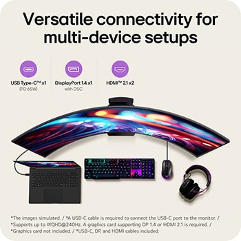 This image presents the connectivity options of an LG curved gaming monitor, including USB Type-C™ with PD 65W, DisplayPort 1.4 with DSC, and HDMI™ 2.1 ports, along with a laptop, keyboard, mouse, and headset setup for a versatile gaming and work environment.