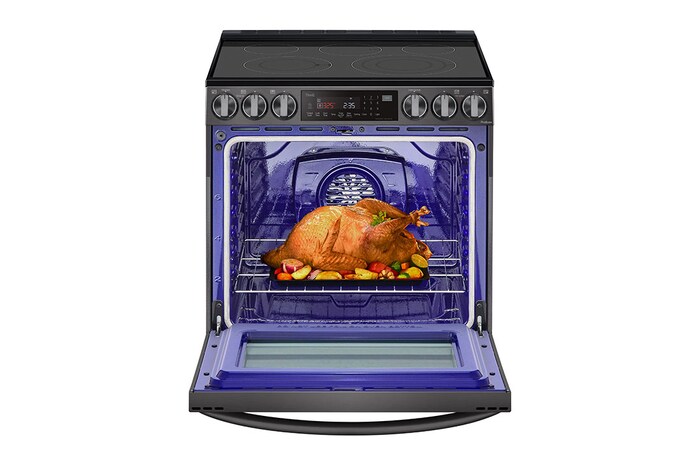 LG 30" Elec. 6.3 cu ft. Range | Probake Convection, Air Fry, InstaView®, SelfClean, EasyClean®& Smart, Black Stainless, Slide-in, LSEL6335D