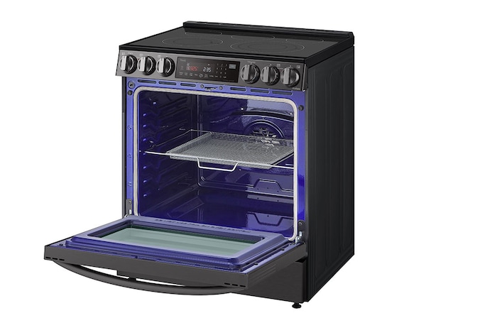 LG 30" Elec. 6.3 cu ft. Range | Probake Convection, Air Fry, InstaView®, SelfClean, EasyClean®& Smart, Black Stainless, Slide-in, LSEL6335D