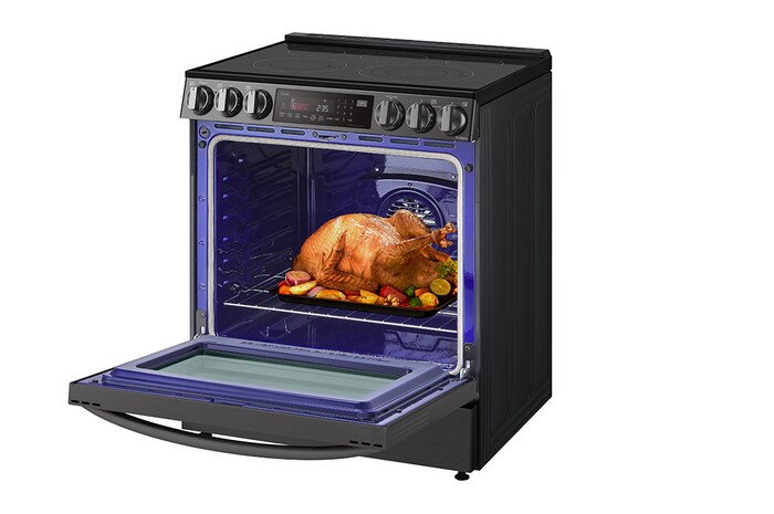 LG 30" Elec. 6.3 cu ft. Range | Probake Convection, Air Fry, InstaView®, SelfClean, EasyClean®& Smart, Black Stainless, Slide-in, LSEL6335D