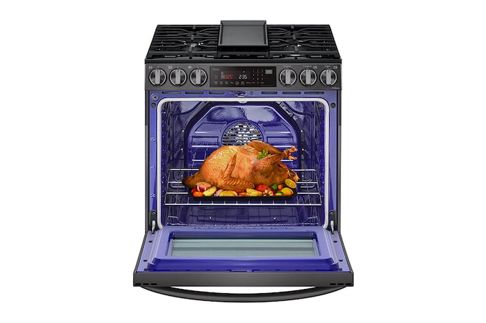 LG 30" Gas 6.3 cu ft. Range | Probake Convection, Air Fry, InstaView®, SelfClean, EasyClean®& Smart, Black Stainless, Slide-in, LSGL6335D