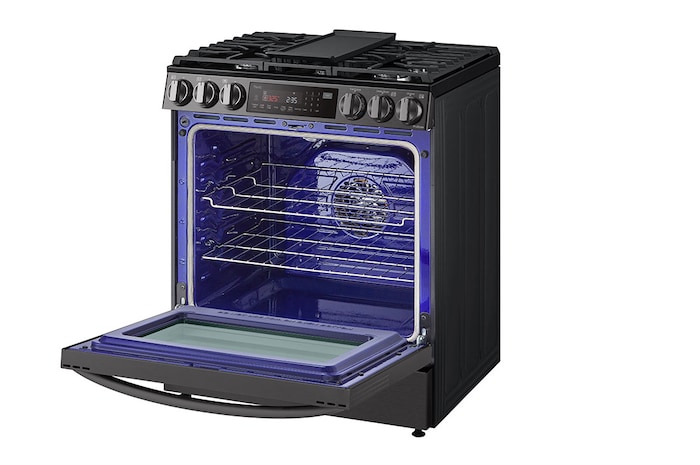 LG 30" Gas 6.3 cu ft. Range | Probake Convection, Air Fry, InstaView®, SelfClean, EasyClean®& Smart, Black Stainless, Slide-in, LSGL6335D