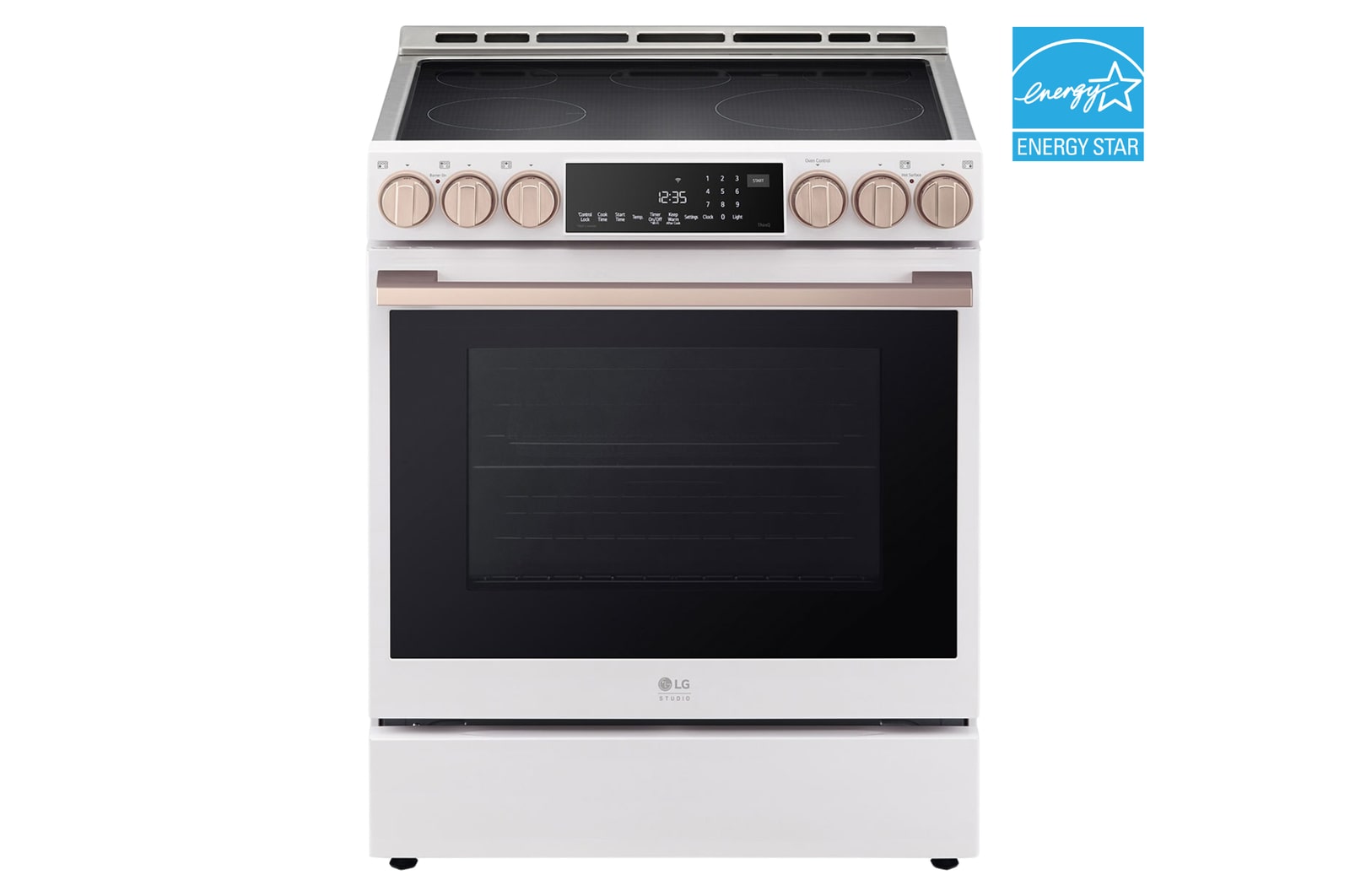 Front view of LG STUDIO 30" Induction 6.3 cu. ft. Range | Probake Convection, Air Sous-Vide, Air Fry, SelfClean, EasyClean®& Smart, Essence White, Slide-in LSIS6338NE