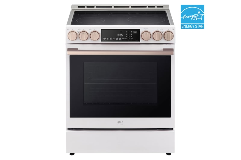 Front view of LG STUDIO 30" Induction 6.3 cu. ft. Range | Probake Convection, Air Sous-Vide, Air Fry, SelfClean, EasyClean®& Smart, Essence White, Slide-in LSIS6338NE