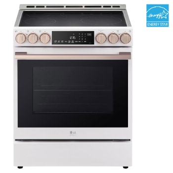 Front view of LG STUDIO 30" Induction 6.3 cu. ft. Range | Probake Convection, Air Sous-Vide, Air Fry, SelfClean, EasyClean®& Smart, Essence White, Slide-in LSIS6338NE