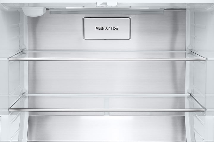 Interior of a refrigerator with a Multi Air Flow panel, stainless steel back wall, and glass shelves.
