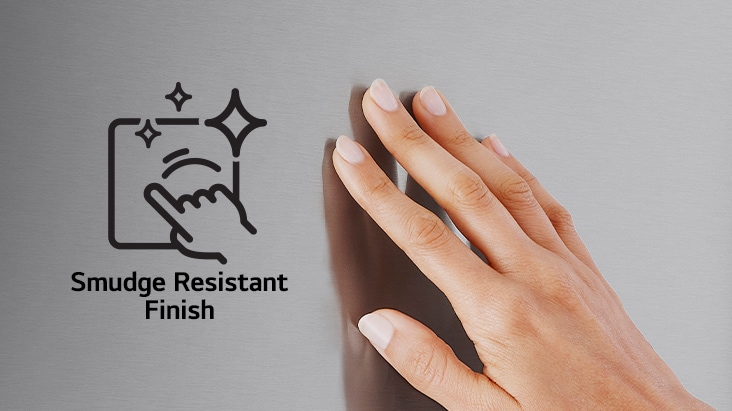 A hand touching a brushed stainless steel surface with a Smudge Resistant Finish icon and text.