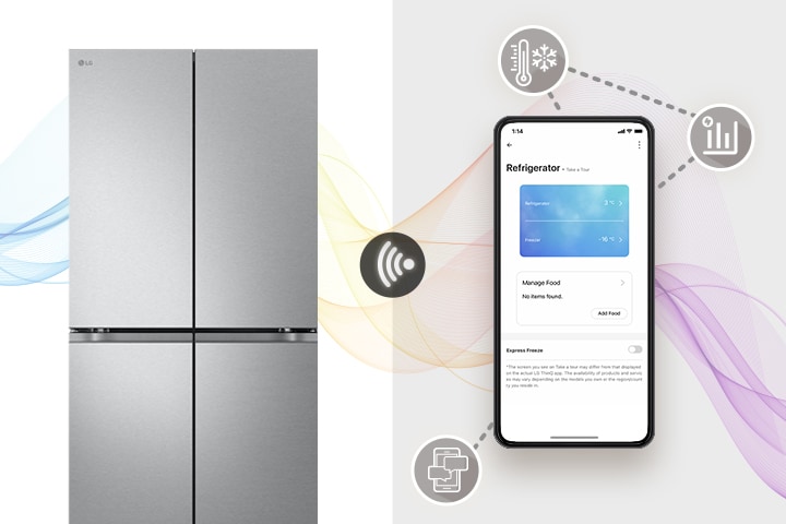 LG stainless steel four-door refrigerator connected to a smartphone app showing temperature and energy management.