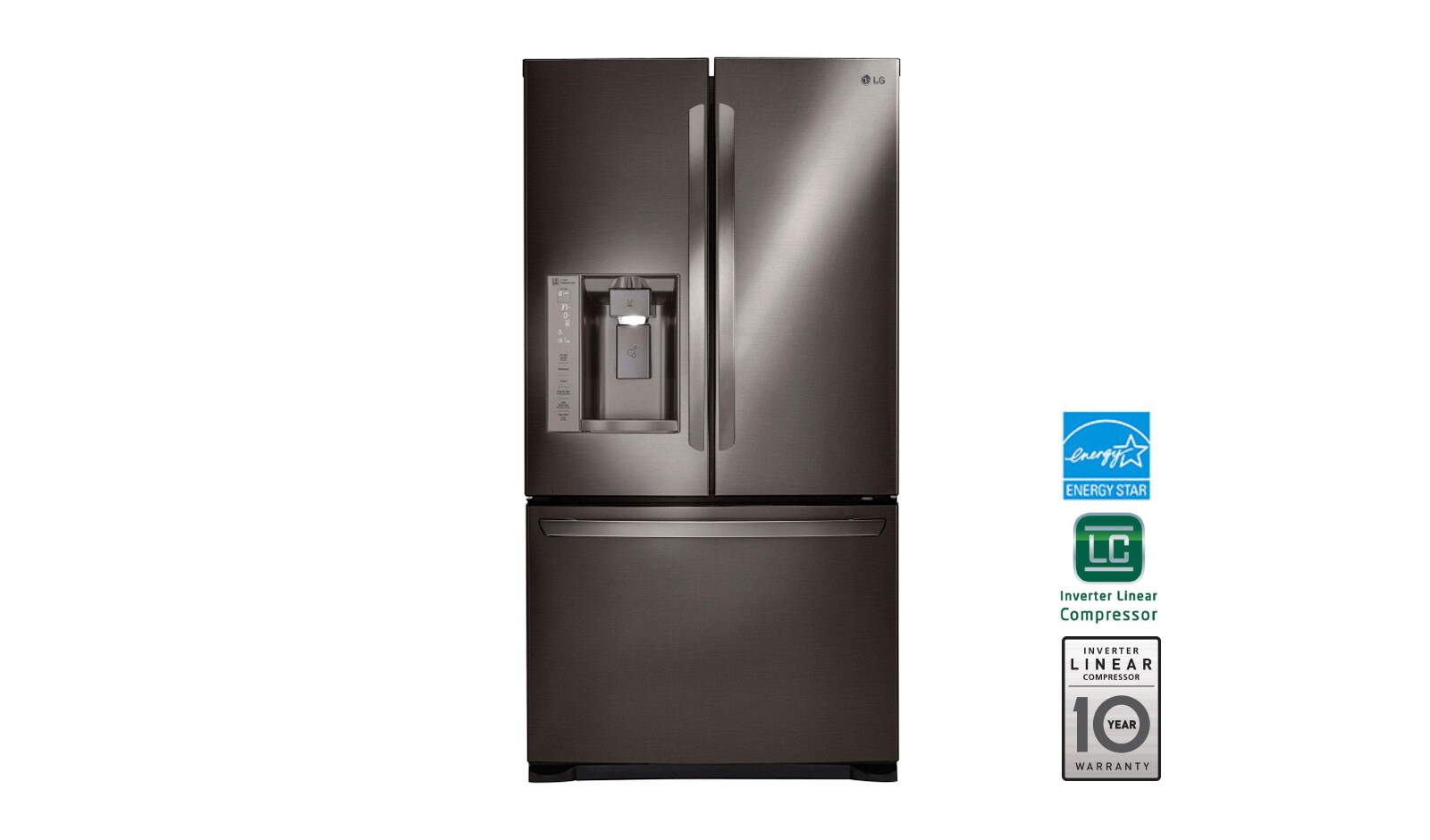Front view of 36&#34; Black Stainless Steel French Door Refrigerator with Slim SpacePlus™ Ice System, 27 cu. ft. LFX28968D